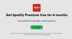 spotify 4 months free argos code